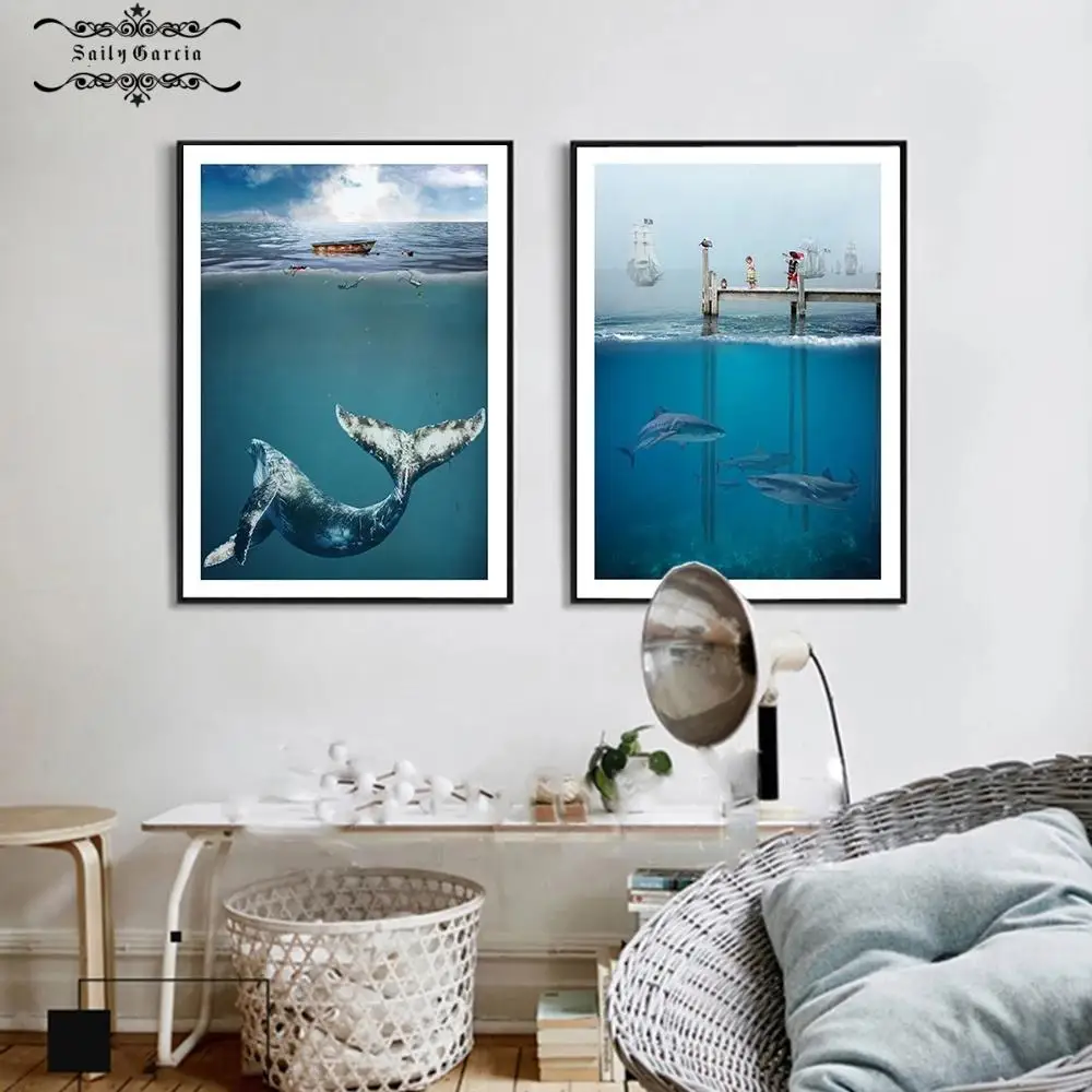 Moderni Povandeninio Pasaulio Banginis Ryklys, Plakatų ir grafikos Marina Sienos Meno Tapybos Drobės Nuotraukų Kambarį Namų Dekoro