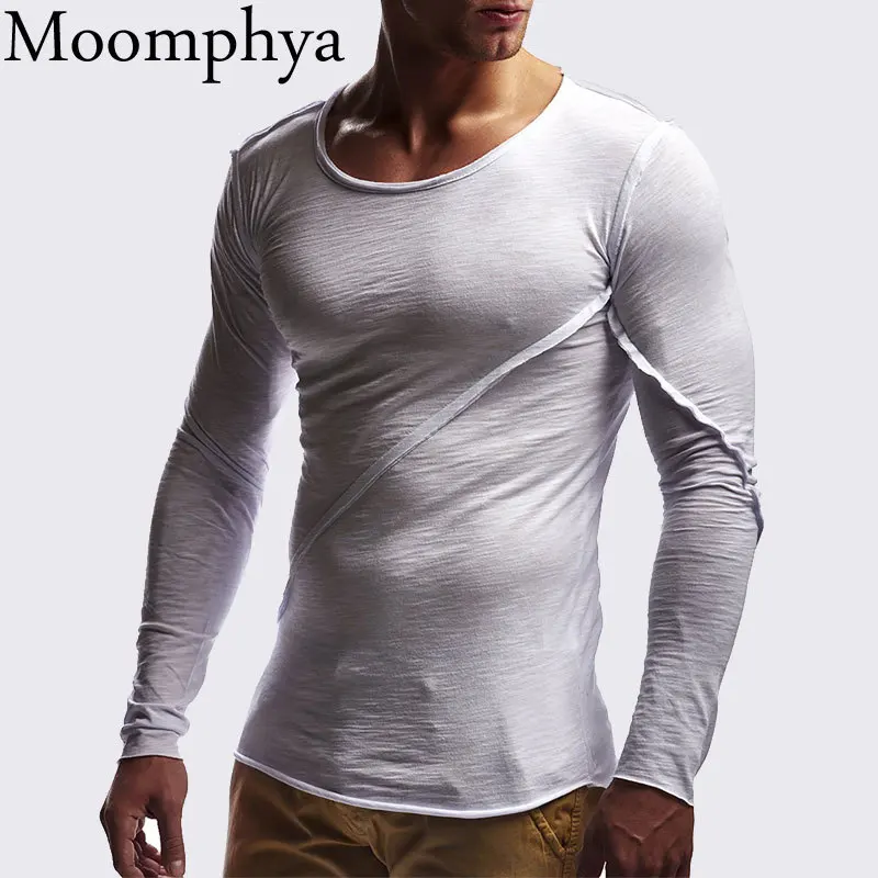 Moomphya Sujungimas žalio krašto vyrų marškinėliai ilgomis rankovėmis Slim t-shirt vyrai Hip-hop marškinėlius streetwear vasaros viršūnes camisetas hombre