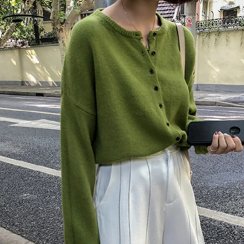 Moteriški Megztiniai Šviežia Žalia korėjos Stiliaus ilgomis Rankovėmis Megztinis Kailis Rudenį Kietas Prarasti Moterų Drabužiai 2021 10325