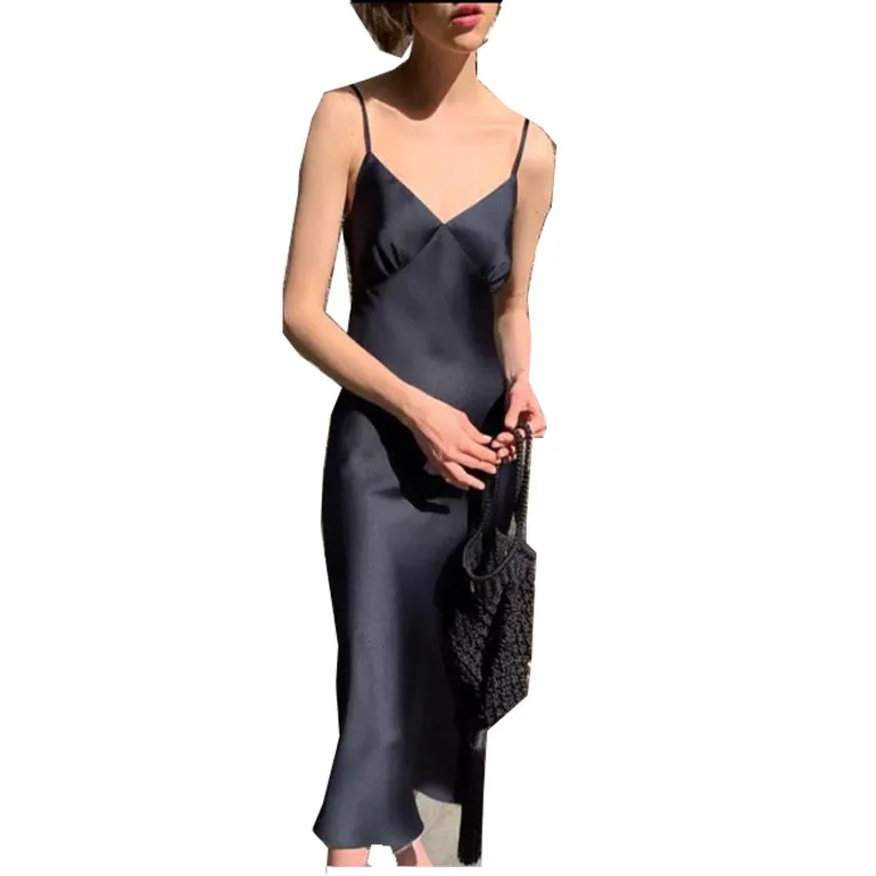 Moterų Kietas Maxi Suknelė Office Ponios Prašmatnus Sexy V Kaklo Elegantiškas Suspender Vestido 2020 Naujų Karšto pardavimo Mados Šilko Slydimo Suknelės