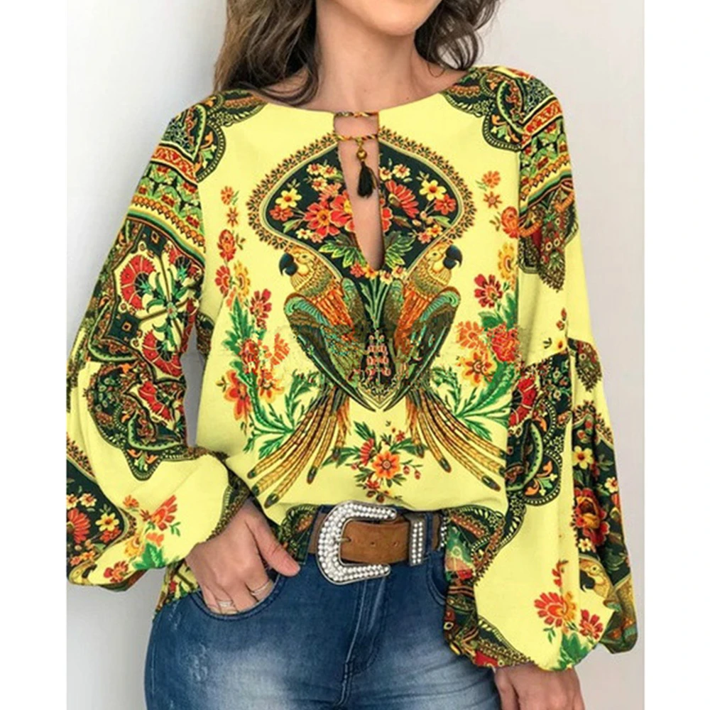Moterų Mados Žibintų Rankovės Didelio Dydžio Marškinėliai Moterims Kpop Madinga Etninės Spausdinti V-kaklo Viršūnes 2019 M. Rudenį Asmenybės Drabužių Femme