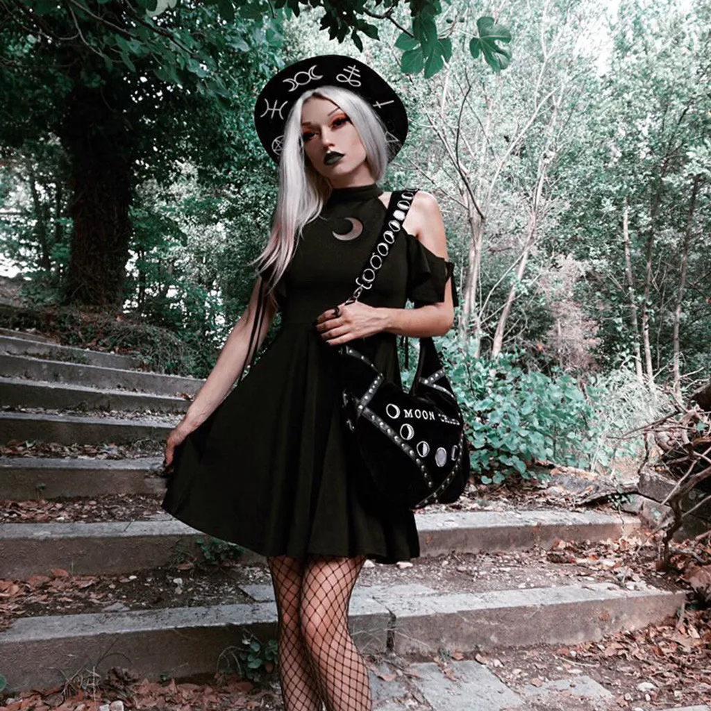 Moterų Vasaros Mados Gotikos Stilius, Punk Juoda Retro Off Peties Mėnulis Tuščiaviduris Iš Suknelė, Mini suknelė