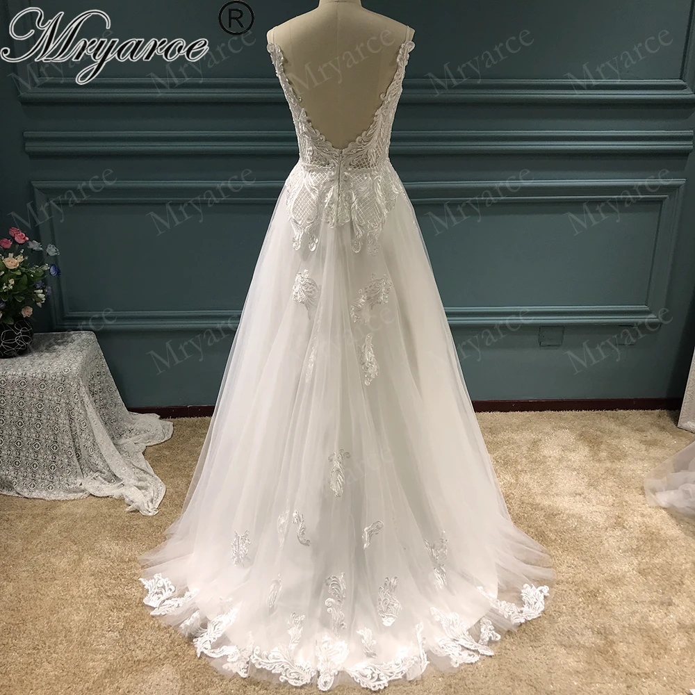 Mryarce Vestuvių Suknelė 2019 Nėrinių Appliques Tiulio A-Line Bridal Suknelės Spagečiai Dirželiai vestido de noiva