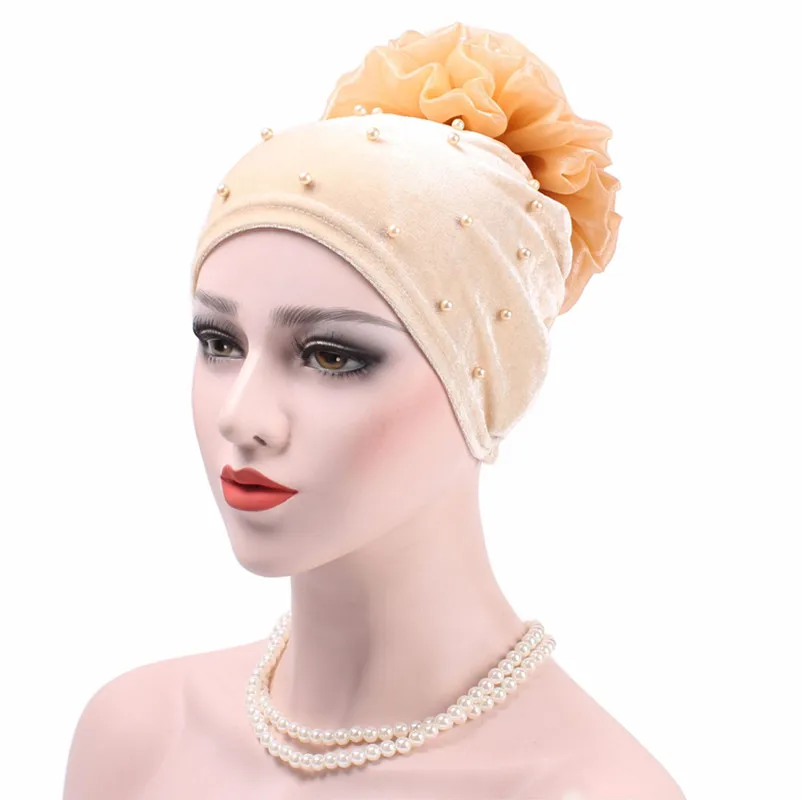 Musulmonų Moterys Ruožas Velvet Pearl Gėlių Turbaną Skrybėlės Chemo Kepuraitė Kepurės Bandana Hijab Plisuotas Įvyniojimas Dangtelis Plaukų Slinkimas Vėžys
