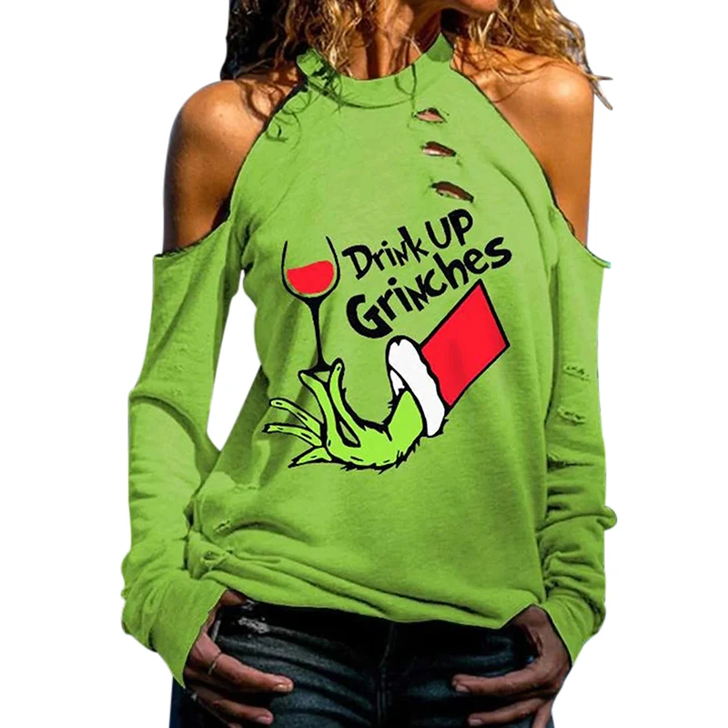 Naujausias Žalia Modelį, Print T-shirt Išpjovą Šalto Pečių ilgomis Rankovėmis Marškinėlius, Megztus Viršūnes Moterims