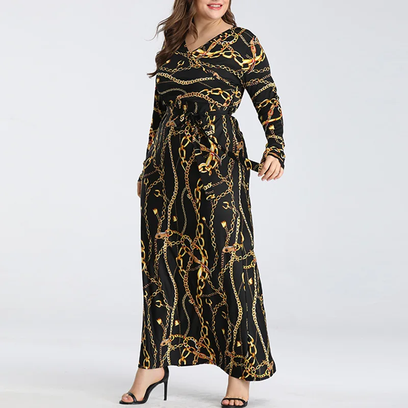 Naują pavasario rudens plius dydis kulkšnies ilgis suknelė moterims prarasti atsitiktinis ilgomis rankovėmis black print v kaklo ilga suknelė ir diržas 4XL 5XL 6XL