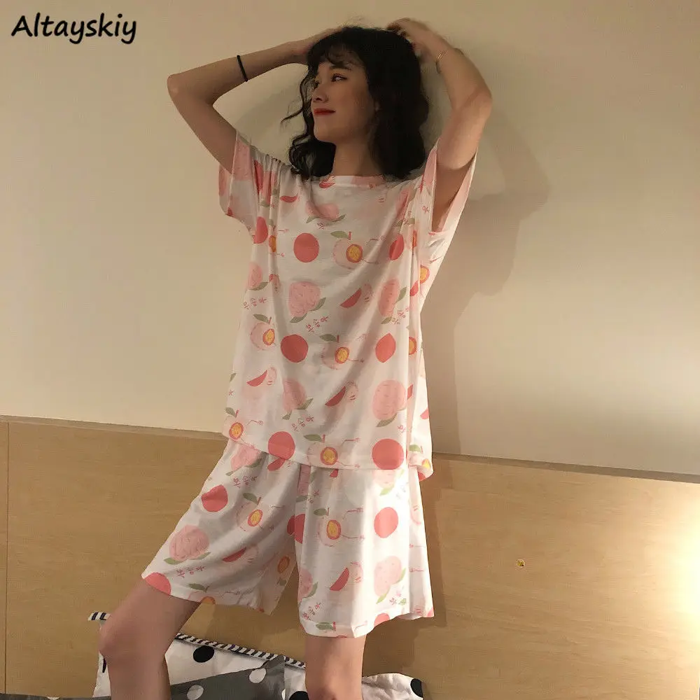 Pajama Komplektai Vasaros Paprasta Miela Spausdinti Persikų Ulzzang Korėjos Negabaritinių Laisvi Moteriški Sleepwear Odos Draugiškas Laisvalaikio Madinga Femme