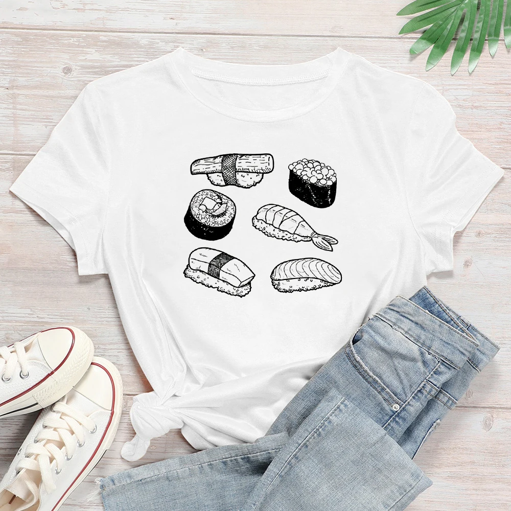 Paprastumas Naujus Marškinėlius Moterims KAWAI SUŠI SURINKIMO Laišką, Print T-shirt Saldus ir Skanus Virtuvė Grafinis Spausdinti Marškinėlius