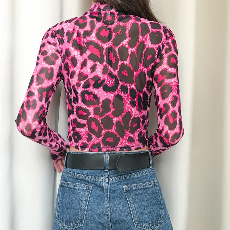 Pink Leopard Akies T-shirt Moterų Pasėlių Viršuje 2021 Mados Permatomas Seksualus Perspektyvos Marškinėliai Moterims ilgomis Rankovėmis Slim marškinėliai Topai