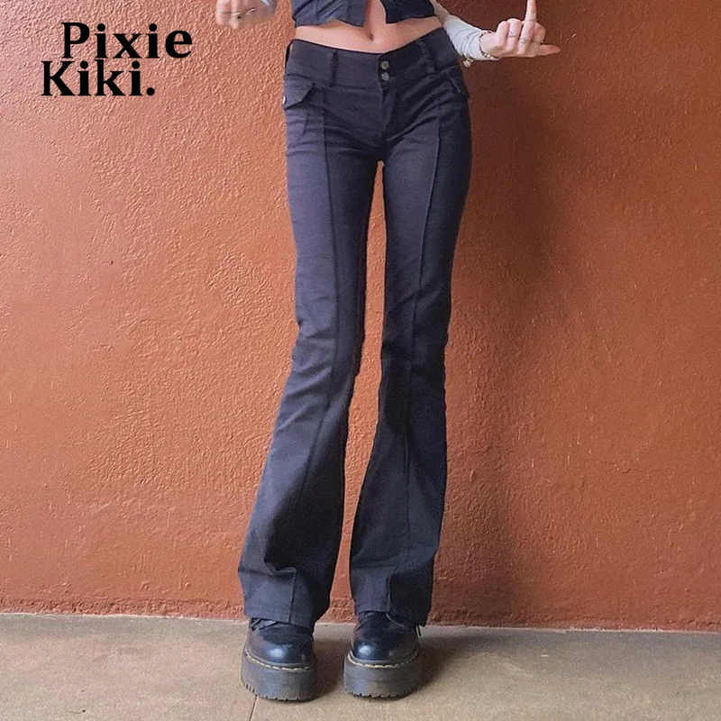PixieKiki Egirl Kelnės Juoda Retro Atsitiktinis Žemas Augimas Užsiliepsnojo Kelnės su Kišenėmis 90-ųjų Grunge Y2k Drabužius Moteriai, P84-DG36
