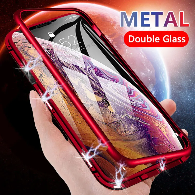 Prabangus dvipusis stiklo, Metalo Magnetinių Atveju iPhone XS MAX XR X 7 8 Plius Telefono dėklas Magnetas Padengti 360 Visas Apsauga, apvalkalas