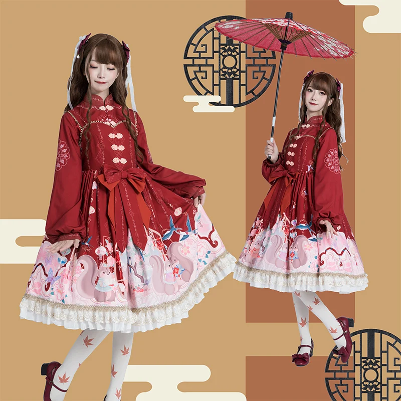 Preppy stilius studentų Hanfu retro saldus lolita nustatyti suknelė+kailis+kc viktorijos spausdinimo kawaii girl loli cos gothic lolita kimono