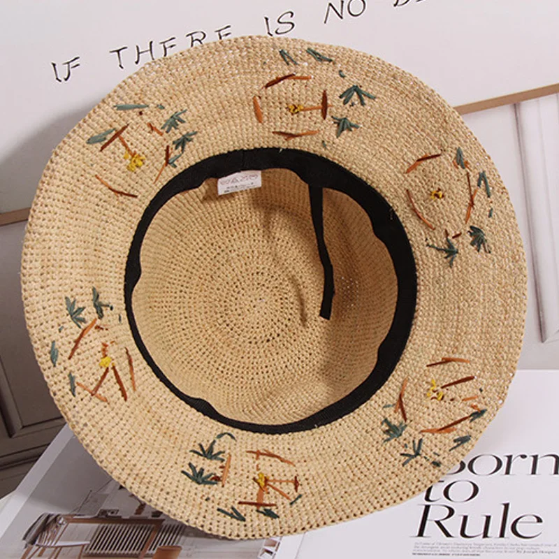 Ranka kablys rafija gėlės šiaudų skrybėlę moterų vasaros kelionių anti-ultravioletinių saulės, skrybėlę, sulankstomas saulės skrybėlę paplūdimio skrybėlę