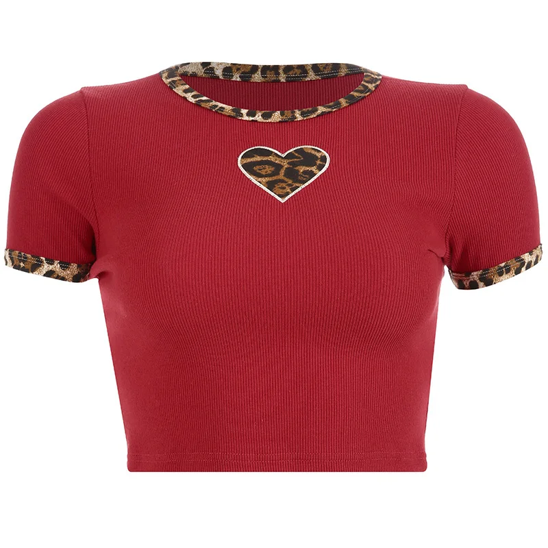 Raudona Širdies Formos Leopardas Spausdinti Mielas Top marškinėliai Seksuali Moteris Pasėlių Viršuje Vasaros Atsitiktinis Stora Marškinėlius Viršų
