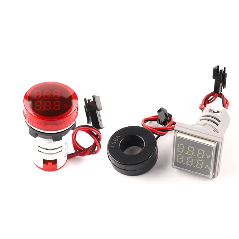 Raundas Digital Voltmeter Ammeter 22mm AC, 50-500V 0-100A Stiprintuvas Voltų Įtampos Testeris, Matuoklis Dviguba LED Indikatorius Pilotas Lempos Šviesa