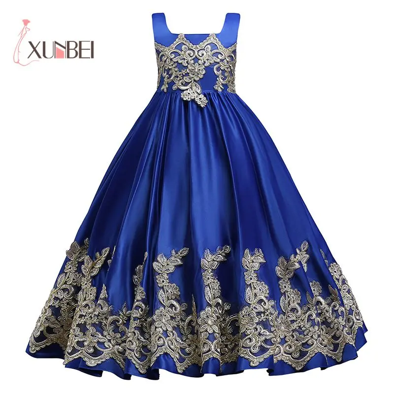 Royal Blue Ilgas Vasaros Mergina Suknelės Didelis Lankas Gėlių Mergaičių Suknelės Aukso Aplikacijos Merginos Inscenizacija Suknelė Pirmos Komunijos Suknelės