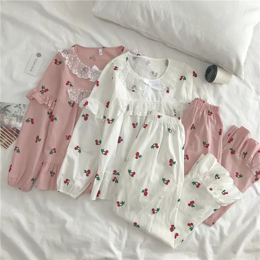 Rožinis baltas vyšnių namų kostiumas moterų pižama nustatyti ilgomis rankovėmis mielas saldus lolita princess sleepwear kelnes namų drabužių elastinga Y185