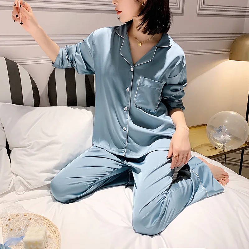 SAPJON Šilko Satino Seksuali Pižama Rinkiniai Moterims, Europos Prabangos ilgomis Rankovėmis Pižamos Sleepwear Negabaritinių 2 Vnt Pijama Su maišeliu