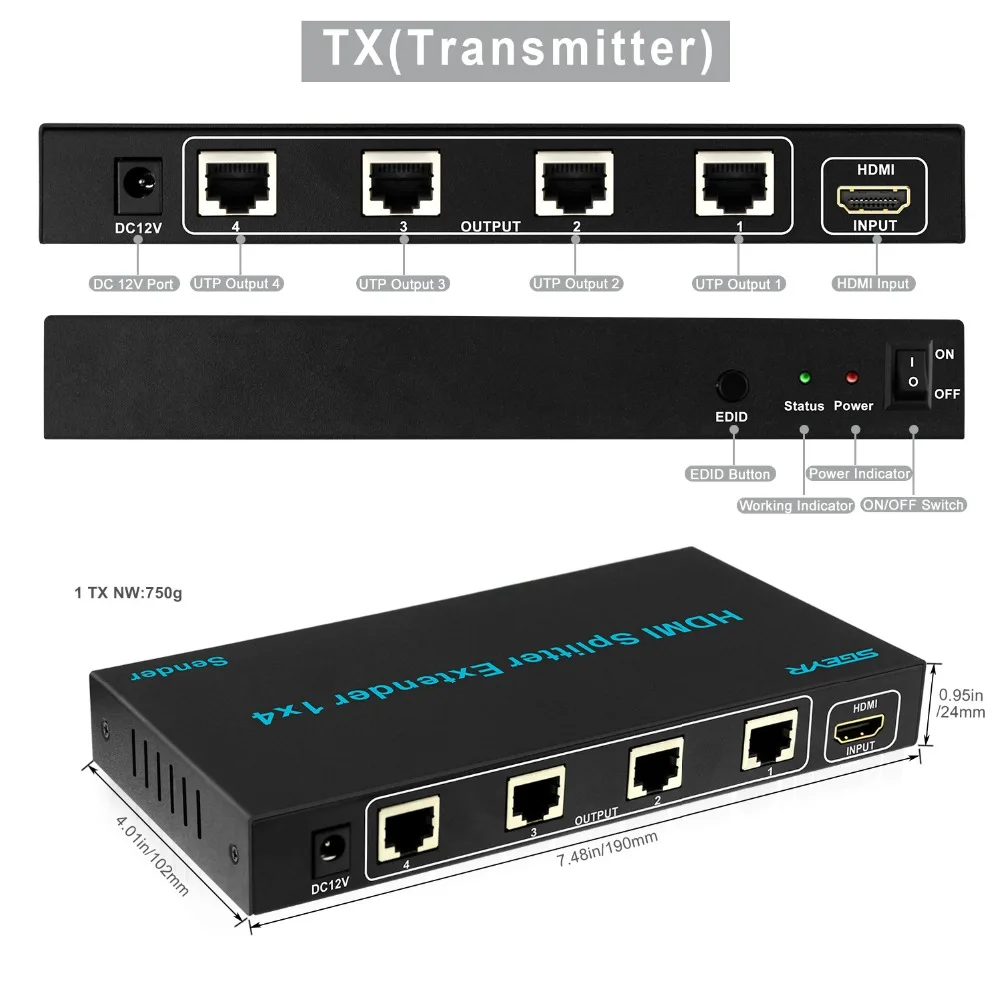 SGEYR 196ft 4 Port HDMI Extender 1x4 HDMI Signalo Extender 60m hdmi raumuo splitter 1-4 iš Cat5/6 1080p Remti 1080p 3D
