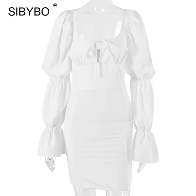 SIBYBO Baltas Drugelis Sleeve Ruched Dress Moteriški Vasaros Aikštėje Apykaklės Bodycon Suknelės Moterų Elegantiškas Klubas Šalies Trumpas Vestidos