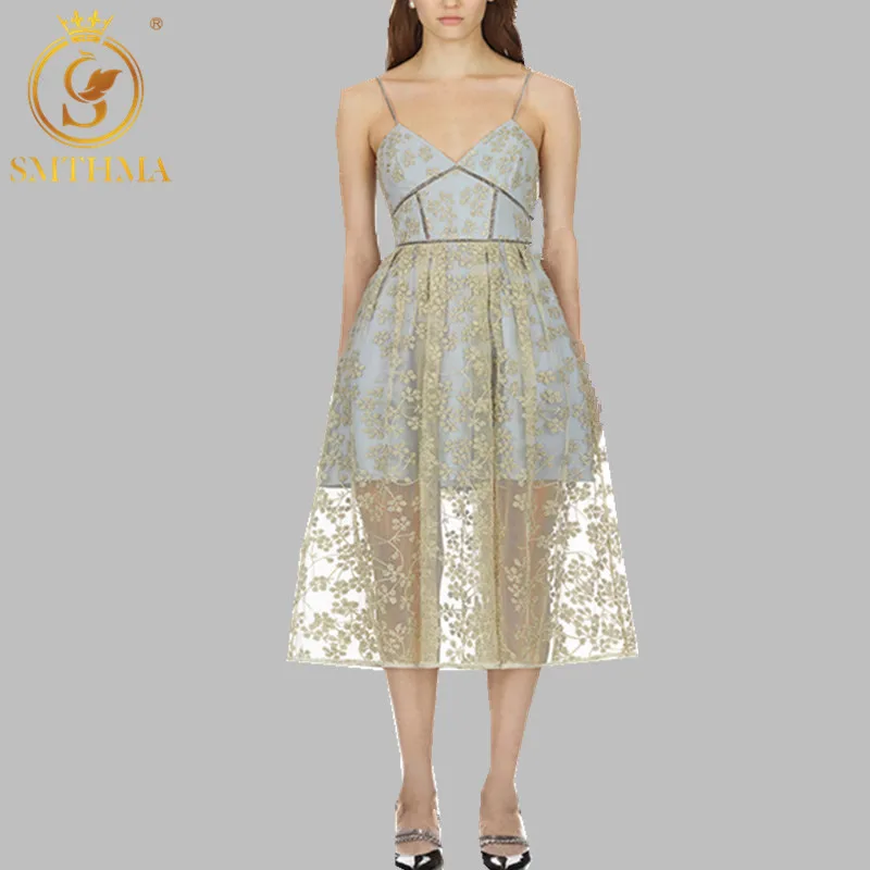 SMTHMA 2020 Naujas atvyksta Moteris, Vasaros Suknelė Save portait Suknelė Aukso siūlų tinklelio, siuvinėjimo dirželis suknelė