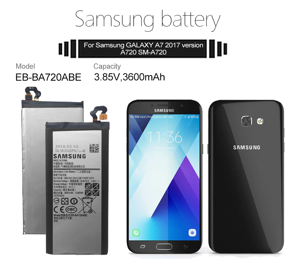 Samsung Originalus Telefonas, Baterija EB-BA720ABE 3600mAh Samsung Galaxy A7 2017 Versija SM-A720 A720 Originali Bateriją
