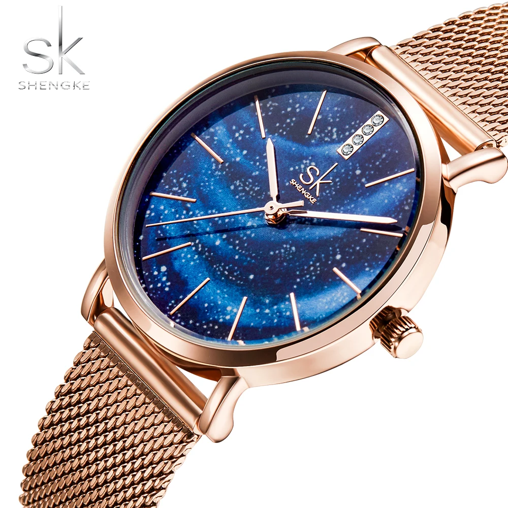 Shengke Prabanga Moterų Laikrodžiai Romantiškas Žvaigždžių Blue Dial Akių Nerūdijančio Plieno Dirželis-Ultra plonas Atveju Kvarcinis Laikrodis Reloj Mujer