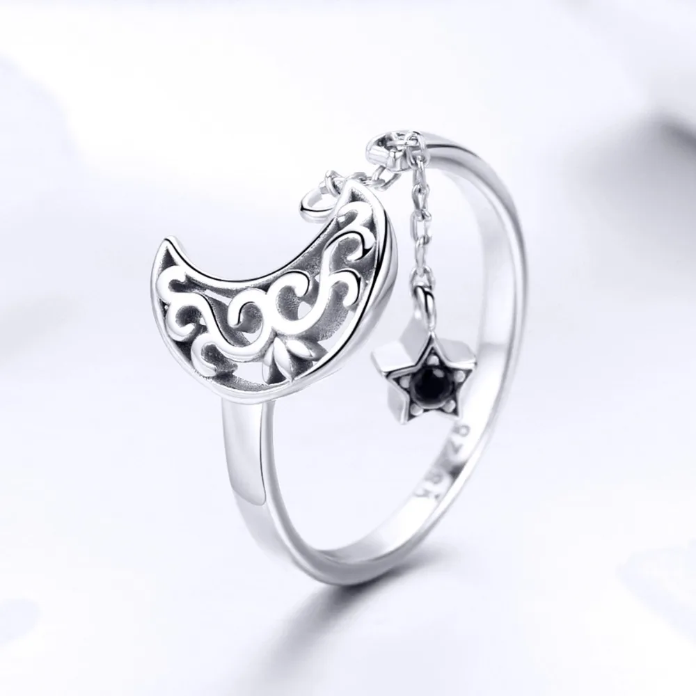 Sterlingas sidabro s925 Tuščiavidurio mėnulio star žiedo atidarymo reguliuojamas žiedo Pentagram juoda kubinių zirconia šalis vestuvių rankų papuošalai Naujas