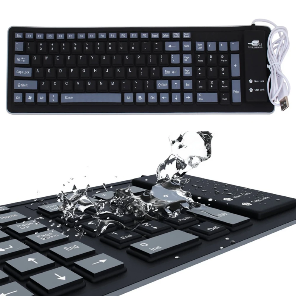 Sulankstoma Klaviatūra atspari Vandeniui USB Laidinė Klaviatūra 103 Klavišą Silikonas Švelnus Tylus Raktai, KOMPIUTERIO Klaviatūra