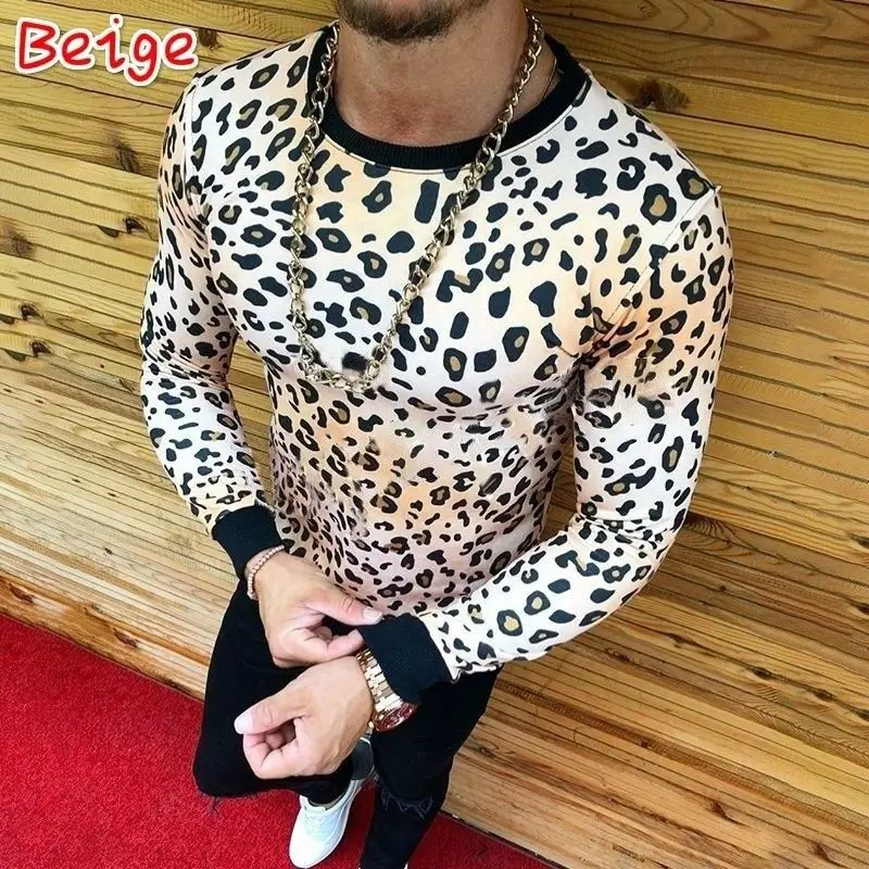 T-Marškinėliai 2018 Naujų Karšto Pardavimo Mens Mados Atsitiktinis Ilgomis Rankovėmis Oficialų Slim Fit Įgulos Kaklo Leopard Tee Viršūnės T-Shirt