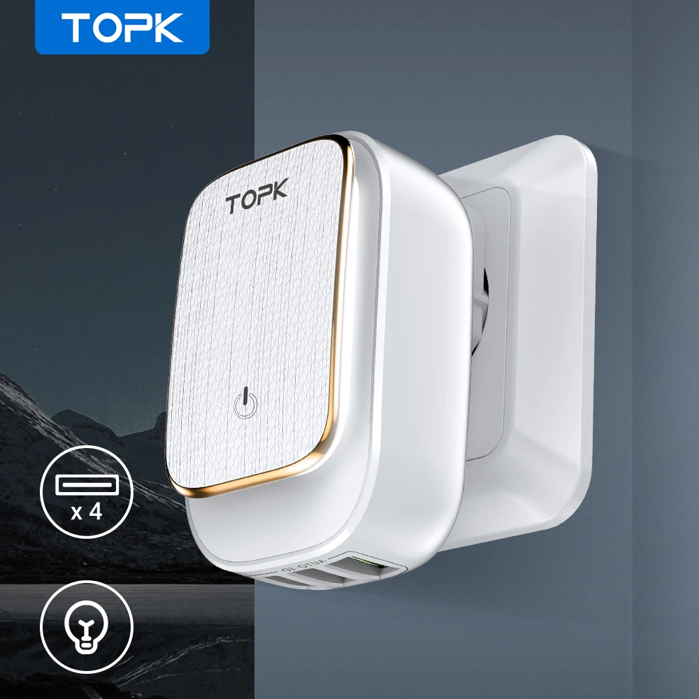 TOPK L Galia 4-Port ES/JAV/jungtinė karalystė/AS 22W Kištukas USB, Kroviklis, LED Lempa Auto-ID Kelionės Sienos Adapteris Universalus Mobiliojo Telefono Įkroviklis