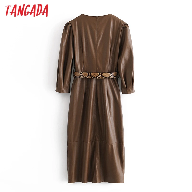 Tangada 2020 m. Rudens Žiemos moterims, rudos spalvos dirbtiniais odos suknelė su leopardas diržo ilgomis rankovėmis ponios midi suknelė vestidos 3H728