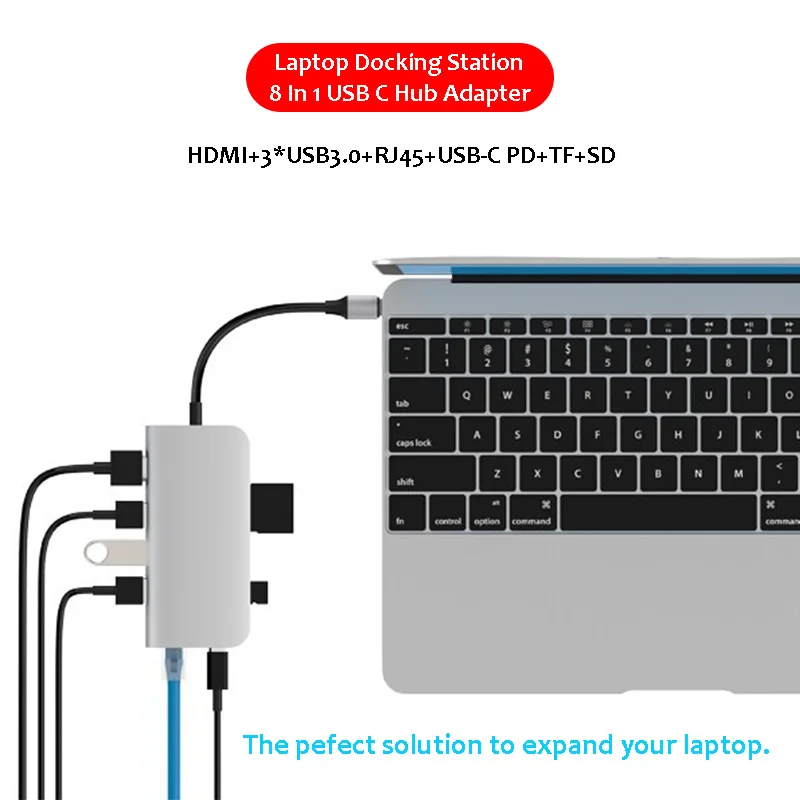 USB C Hub Adapteris Nešiojamas Docking Station 8 1 USB 3.0 HDMI, RJ45 Gigabit SD TF Macbook HP Huawei 