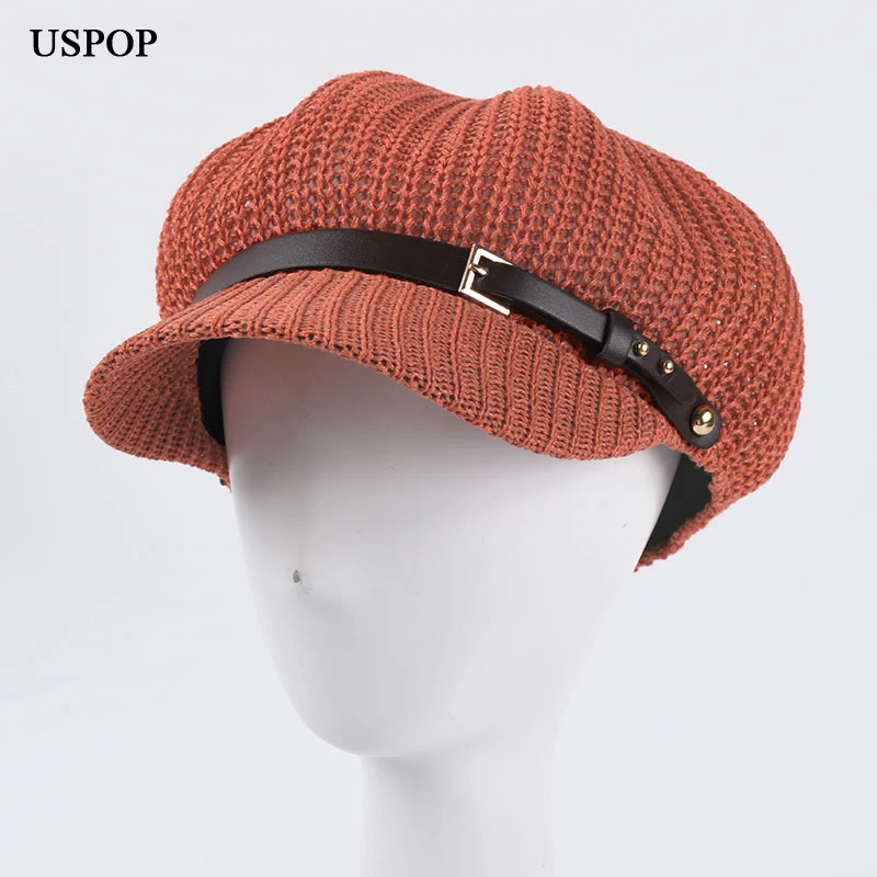 USPOP Vasaros kepurės moterims aštuoniakampis skrybėlės kvėpuojantis odinis diržas aštuoniakampis bžūp newsboy kepurės Britų derliaus megztos beretės