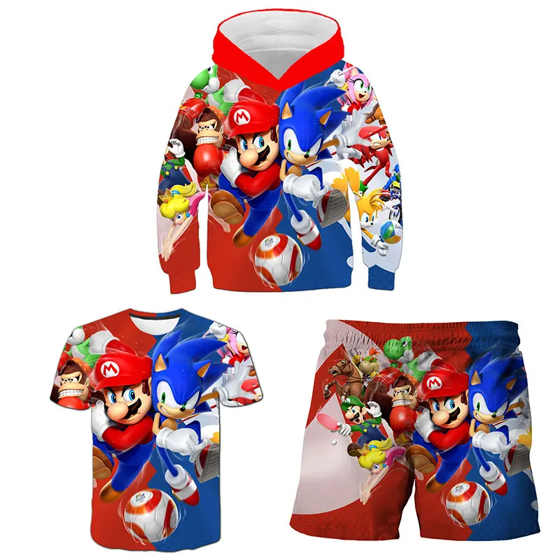 Vaikai Tshirts Sonic the Hedgehog Drabužių Rinkinys, 4-14Y Kūdikių Berniukų Drabužiai Mergaitėms Palaidinukė Hoodie+marškinėliai+Kelnės 3 Gabalus Komplektus Sult