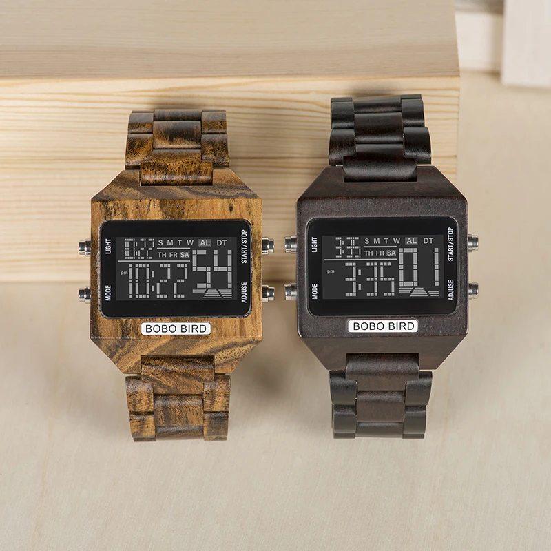 Vyrų Laikrodžiai BOBO PAUKŠČIŲ Multi-Funkcija, LED Elektroniniai Laikrodžiai Prabangos Prekės Spalva digital Data ekranas Medienos Dirželis Dovana Bambuko Dėžutę
