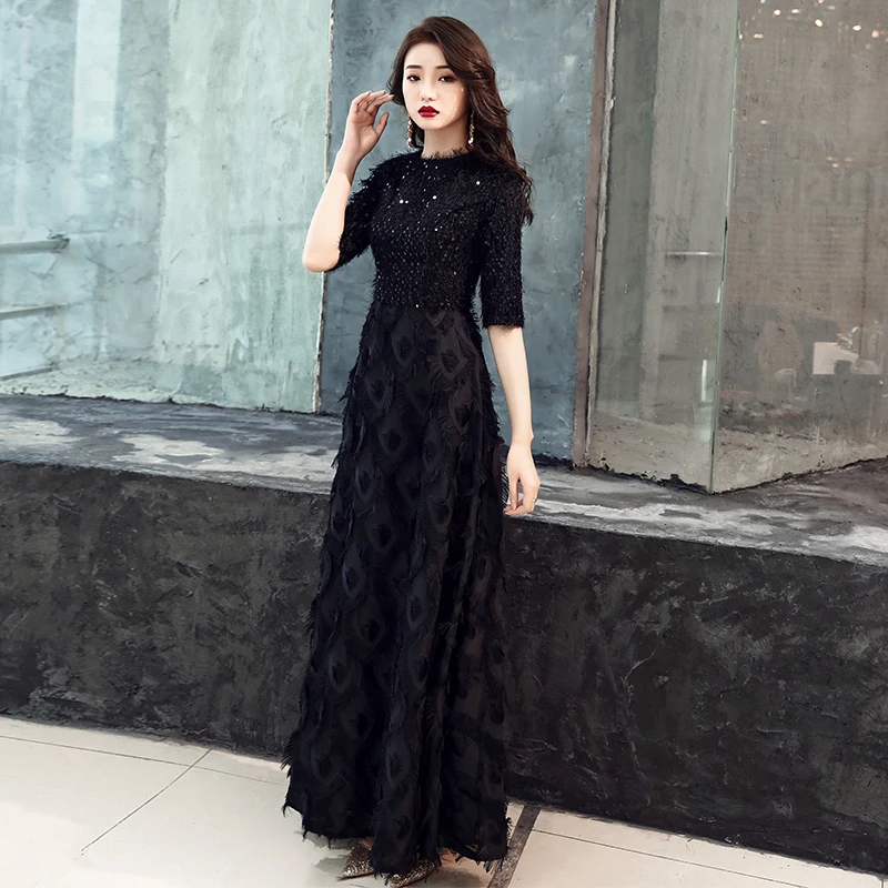 Wei yin 2021 Naujos vakarinės Suknelės Nuotaka Elegantiškas Banketų Juoda Pusė Rankovėmis ir Nėrinių Grindų ilgio Ilgai Prom Šalis, Chalatai WY1342