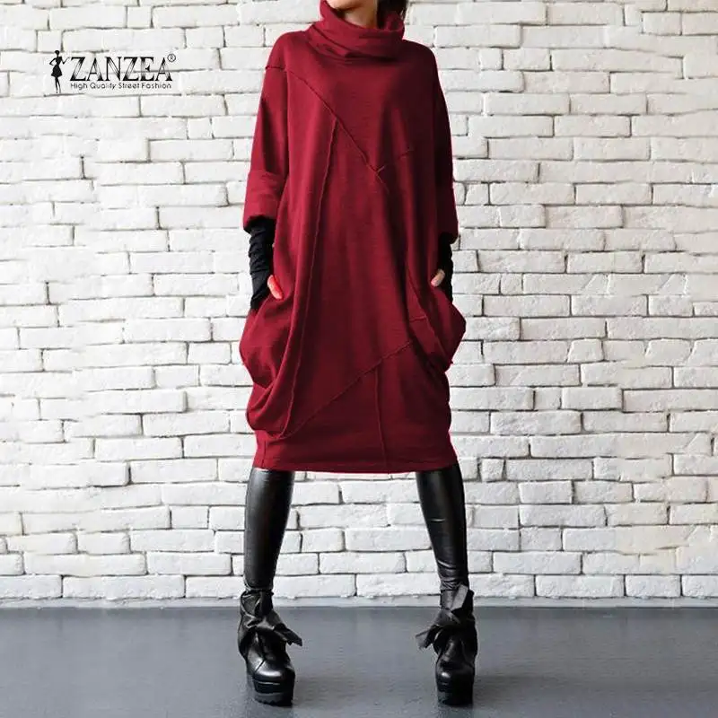 ZANZEA 2021 Mados Kietas Palaidinukė Vestidos Moterų Rudenį Hoodies ilgomis Rankovėmis Megztinis Moterų Golfo Skraiste Femme Plius Dydis