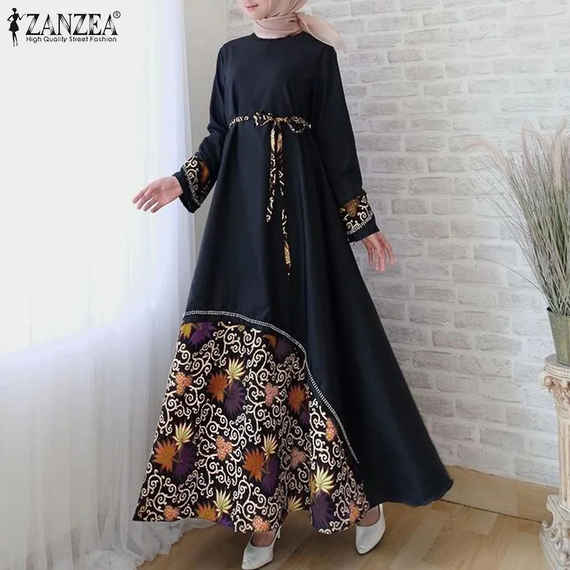 ZANZEA Moterų Derliaus ilgomis Rankovėmis Gėlių Spausdinti Maxi Sundress Rudenį Dubajaus Musulmonų Suknelė, Hijab Diržo Ilgai Vestido Caftan Marocain
