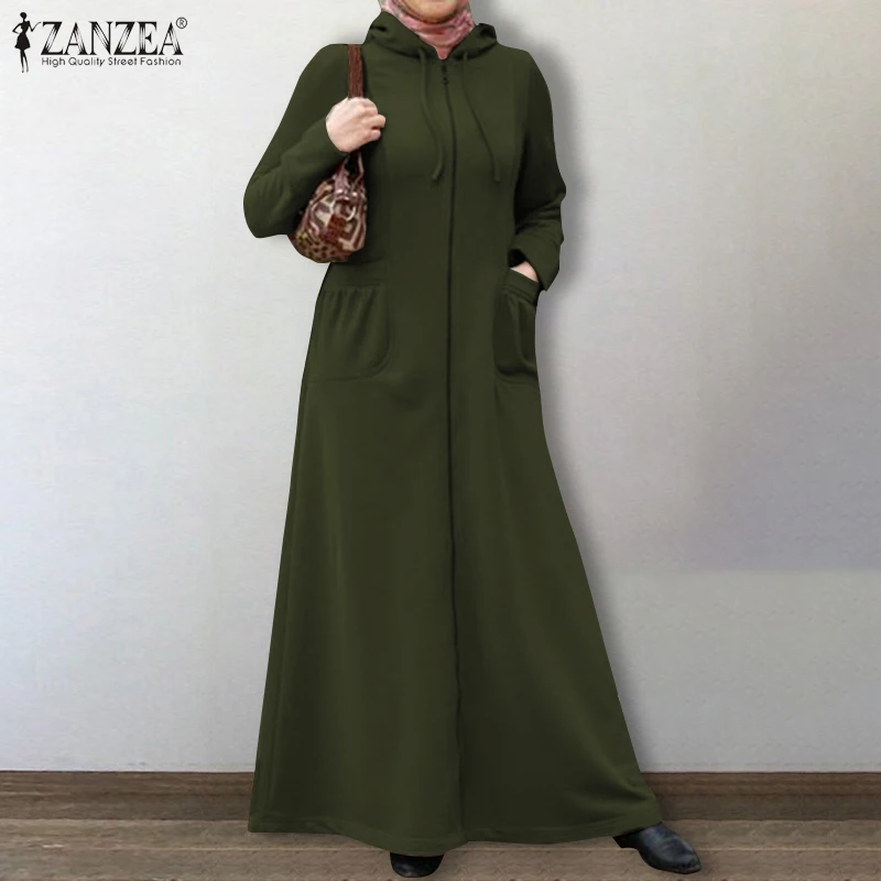 ZANZEA Stilinga Palaidinukė Suknelė Moterų Rudenį Puloveriai Atsitiktinis Musulmonų Maxi Vestidos Moterų Užtrauktukas Skraiste, Negabaritinių Hoodies Skraiste