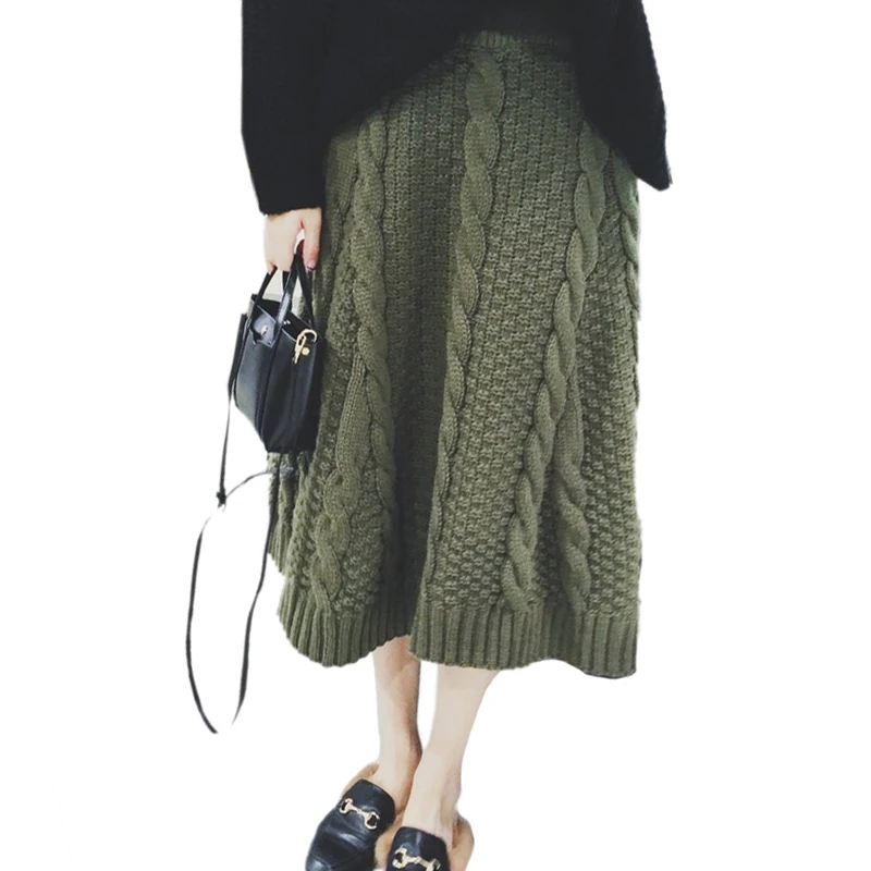 šilti megztiniai sijonas mados rudens/žiemos abrikosų megztas sijonas korėjos stiliaus armijos žalioji moterų sijonas storas ilgas sijonas juodas D206