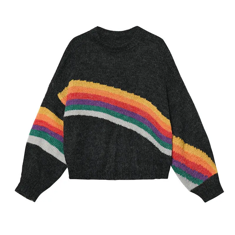 свитер женский temperamentas tingus vėjas, vaivorykštė, dryžuotas megztinis džemperis moterims rudenį naują stilių korėjos laisvi megztiniai megztinis свитер