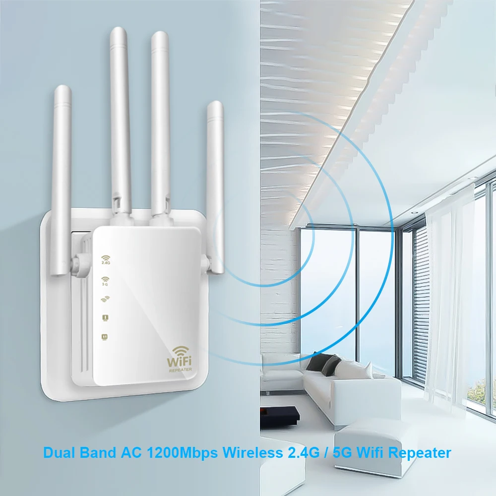 2.4 G/5G Dual Band WiFi Kartotuvas 1200Mbps Wireless Range Extender AP Maršrutizatoriaus Wifi Signalo Stiprintuvas su 4 Antenos, skirtos Viešbutis/Home