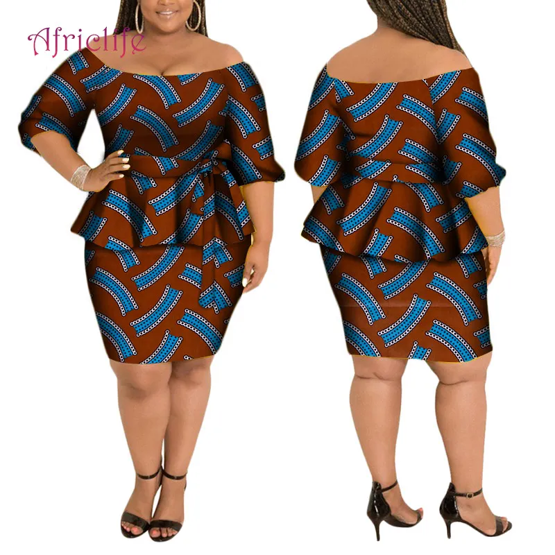 2 dalių Komplektas Afrikos Suknelės Moterims Velniop Kaklo Viršūnes & Pirmiau kelio Sijonas Rinkiniai Afrikos Ankaros Klubo Kostiumas Biuro Lady WY4146
