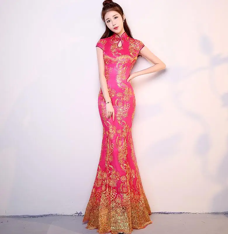 2018 Naujas Moterų Qipao Red Kinijos Vestuvių Suknelė Moterims trumpomis Rankovėmis Cheongsam Gold Slim Kinijos Tradicinės Slidinėti Suknelė
