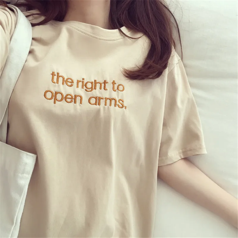 2019 m. Vasarą Naujų Trumpas Rankovės Prarasti Moterų Marškinėliai Mergaitėms Studentų BF Stiliaus Siuvinėjimų Raidė T-Shirt Atsitiktinis Lady Slim Viršūnės