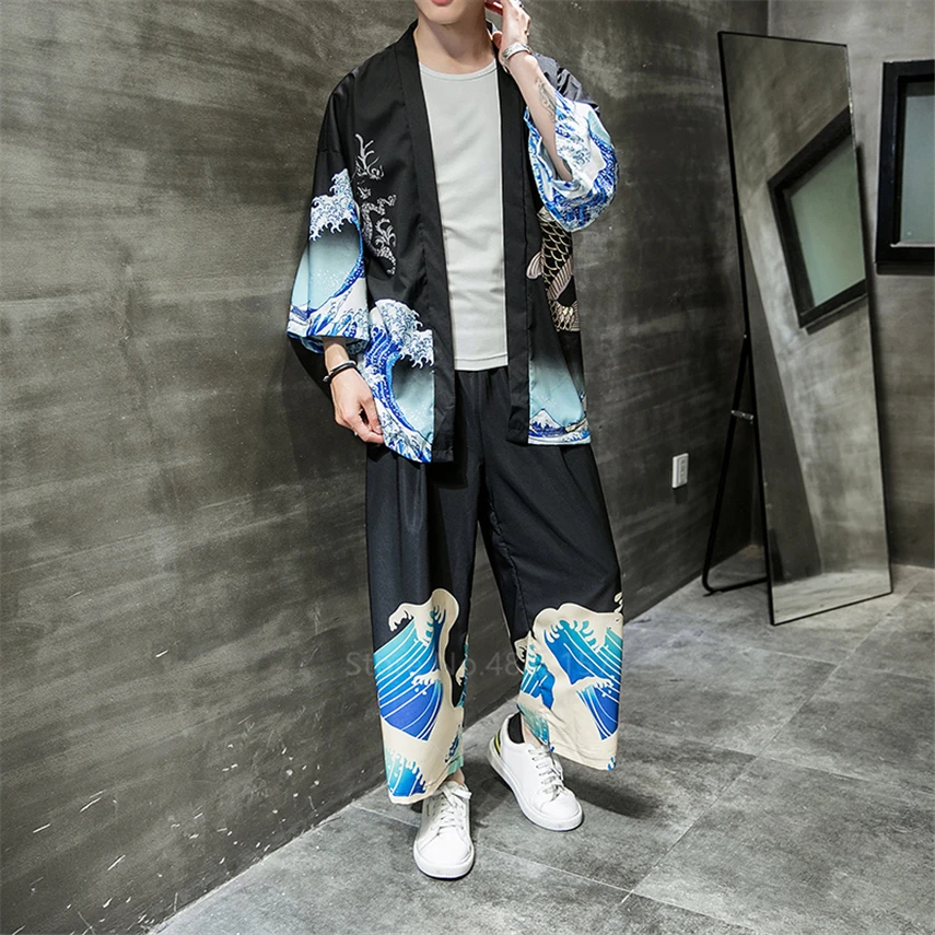 2020 M. Nauja Japonų Stiliaus Harajuku Pločio Kojų Kelnės Bangų Modelį Samurajus Vyras Haori Megztinis Švarkas Laisvo Stiliaus Saulės Viršūnes Yukata
