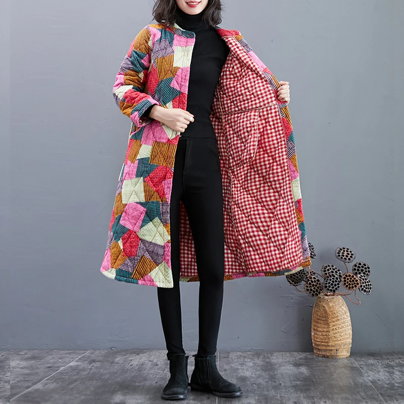 2020 M. Žiemos Medvilnės Skalbiniai Striukė Moterims Didelio Dydžio Retro Geometrinis Spausdinimo Storas Dygsniuotas Kailis Moterų Korėjos Elegantiškas Outwear Paltai