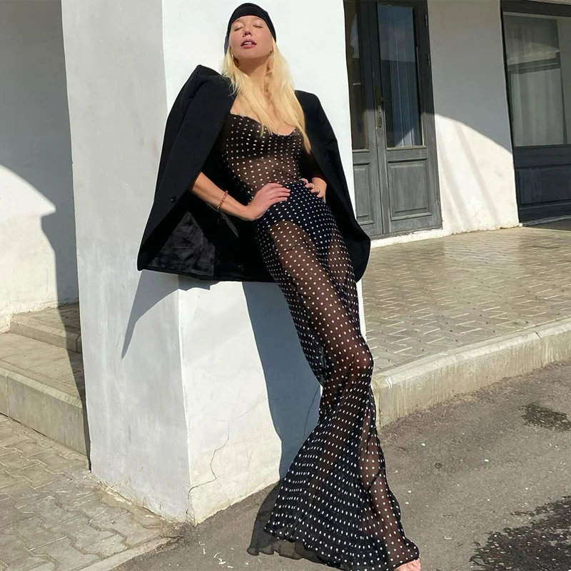 2020 Metų Vasaros Šifono Dot Moterims Dirželis Maxi Suknelė Nėrinių Tvarstis Matyti Per Balniškumas Streetwear Šalies Elegantiškas Klubas