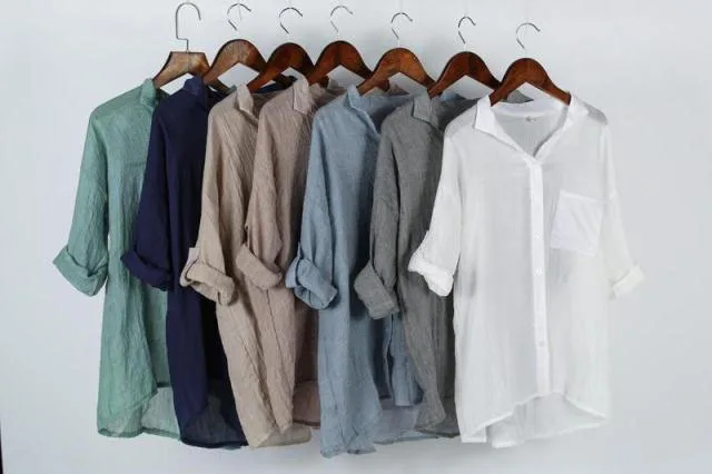 2020 Nauji moteriški Laisvalaikio Marškinėliai Linas, Kieta Apykakle Marškiniai Japonų Stiliaus Prarasti Balta, Chaki, Žalia, Tamsiai Mėlyna Stovėti Apykaklės